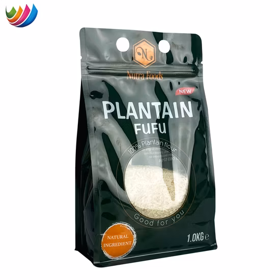 Fabricante OEM/ODM Impressão personalizada de fundo plano Bolsa de plástico transparente para farinha de inhame Saco de embalagem de alimentos com janela